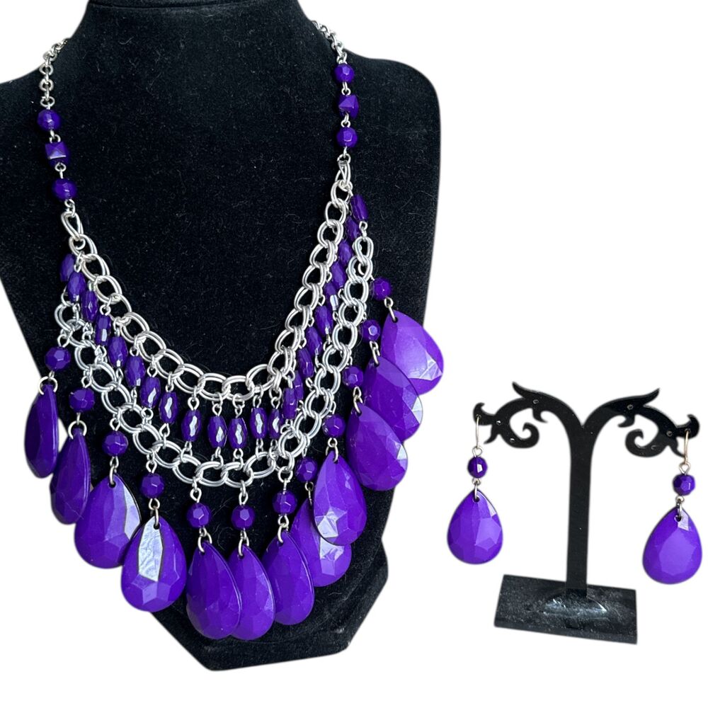Purple Teardrop Beaded Statement Necklace Earrings Set Silver Tone Lead Free